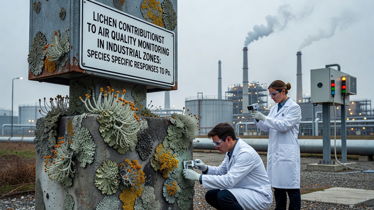 Close-up of multiple lichen species on concrete and metal surfaces illustrating differential damage from industrial emissions