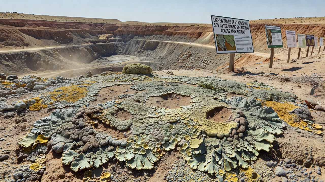 Close-up of lichen crust forming on arid reclaimed mining soil